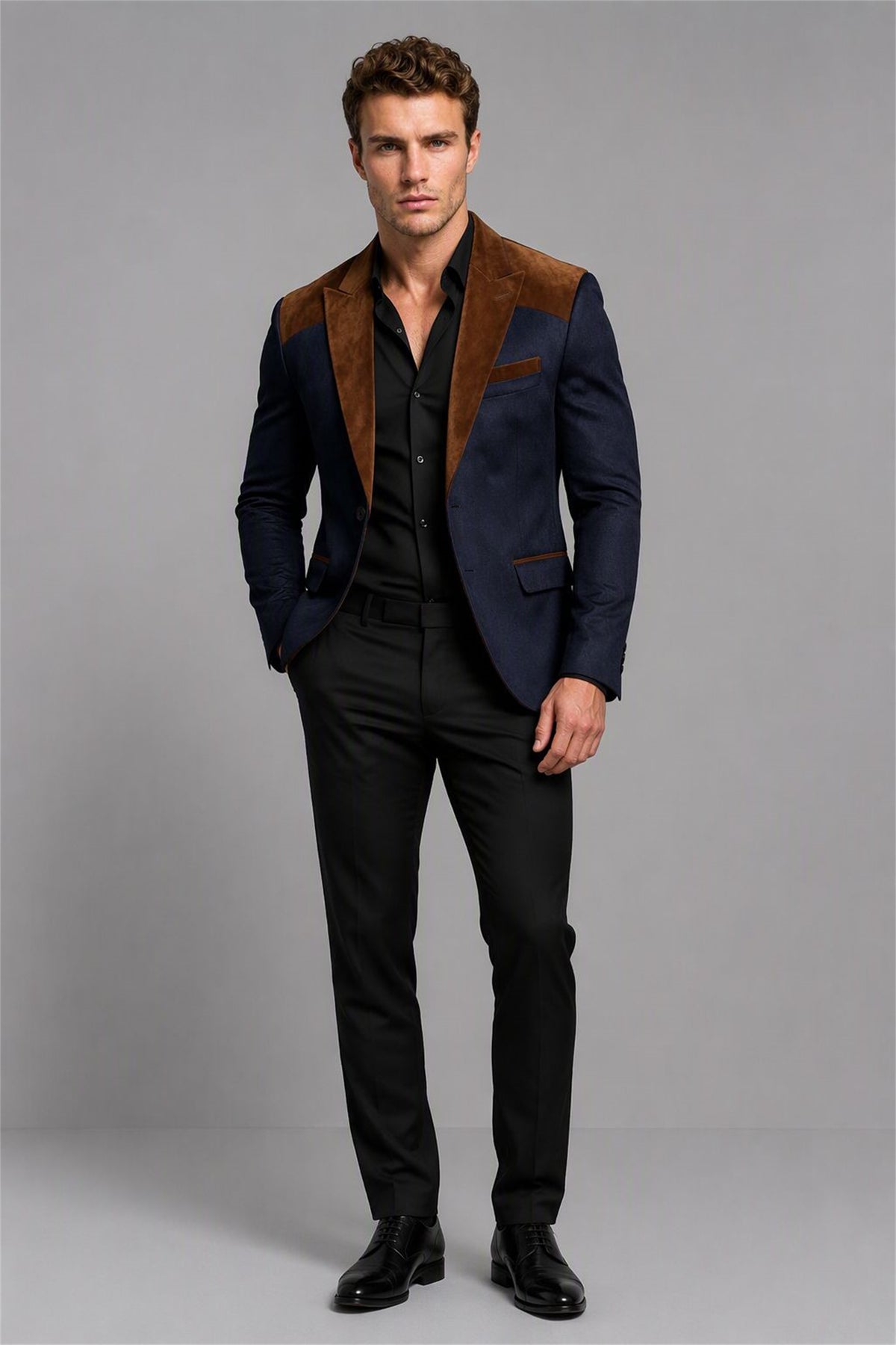 Men's Navy Blue Velvet Contrast Blazer - Front Full Length | Savile AA0001
