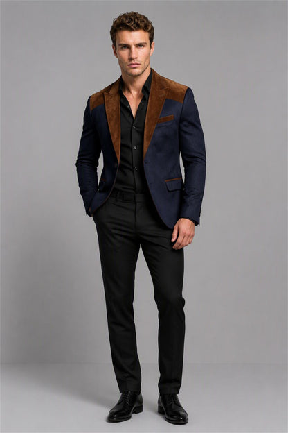 Men's Navy Blue Velvet Contrast Blazer - Front Full Length | Savile AA0001