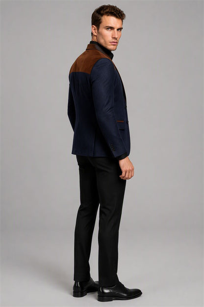 Men's Navy Blue Velvet Contrast Blazer - Back View | Savile AA0001