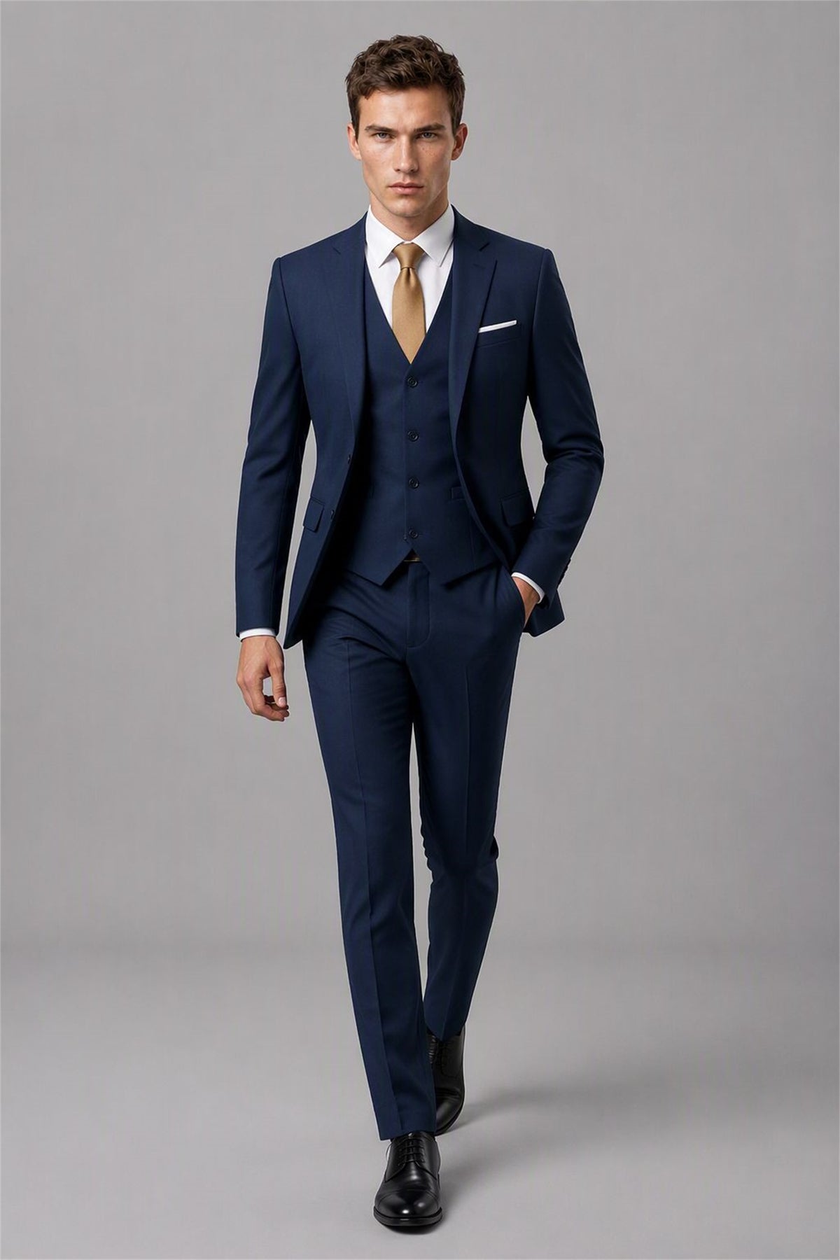 Men's Navy Blue 3-Piece Slim Fit Suit - Front Full Length | Savile AA0002