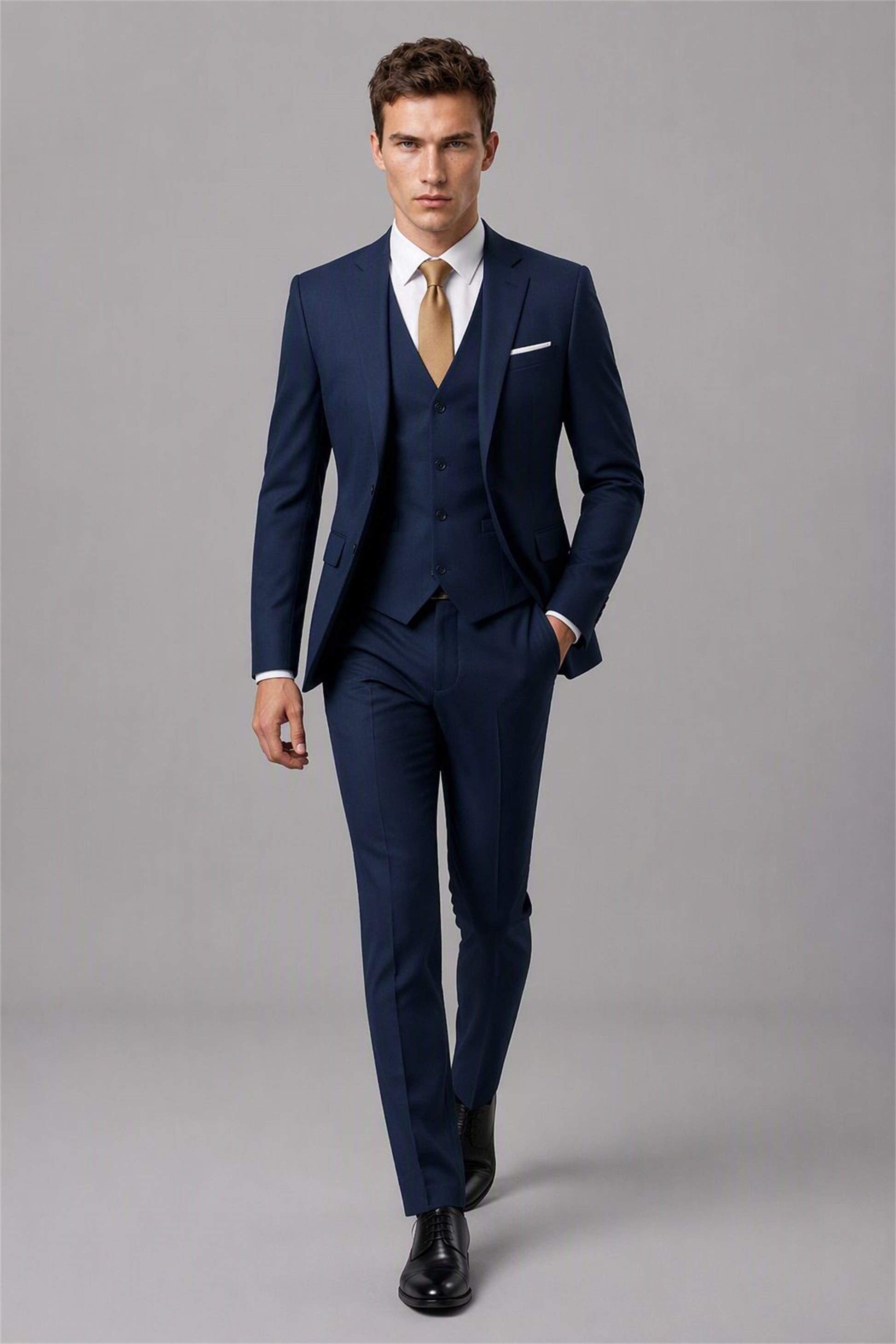 Men's Navy Blue 3-Piece Slim Fit Suit - Front Full Length | Savile AA0002