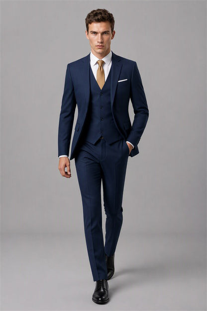 Men's Navy Blue 3-Piece Slim Fit Suit - Front Full Length | Savile AA0002