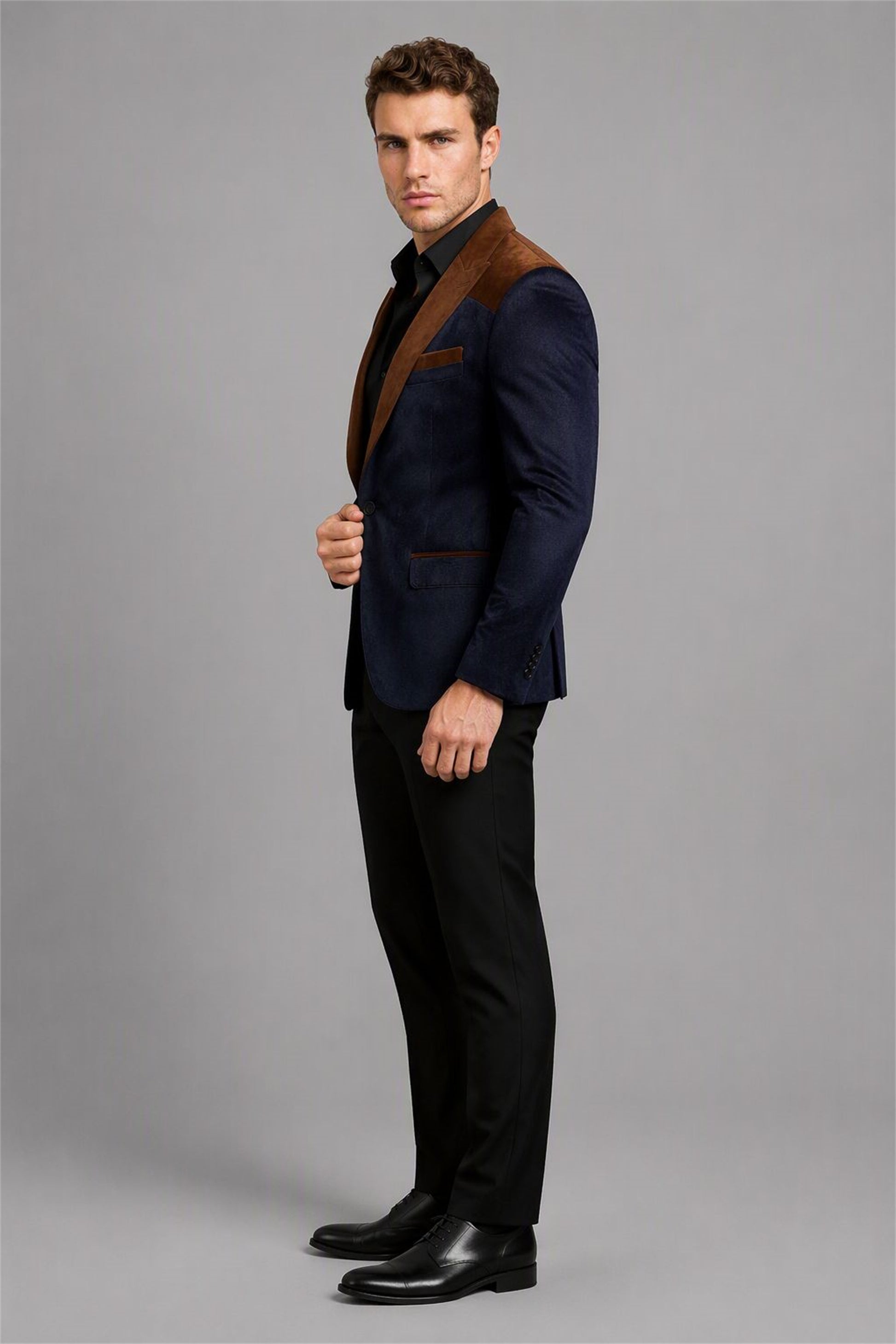 Men's Navy Blue Velvet Contrast Blazer - Three-Quarter View | Savile AA0001