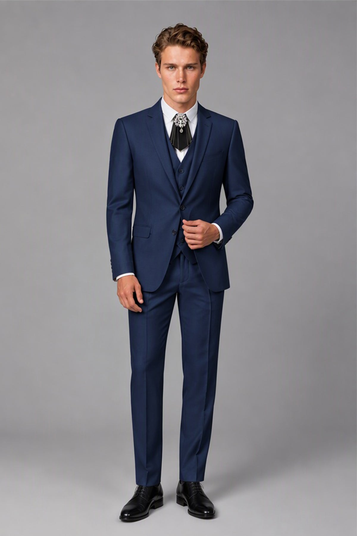 Front view of Savile navy blue formal suit set