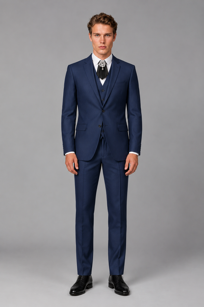 Savile Men's Navy Blue 3-Piece Suit featuring slim-fit jacket, vest, and trousers front view