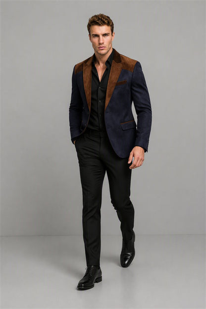 Men's Navy Blue Velvet Contrast Blazer - Walking Full Length | Savile AA0001
