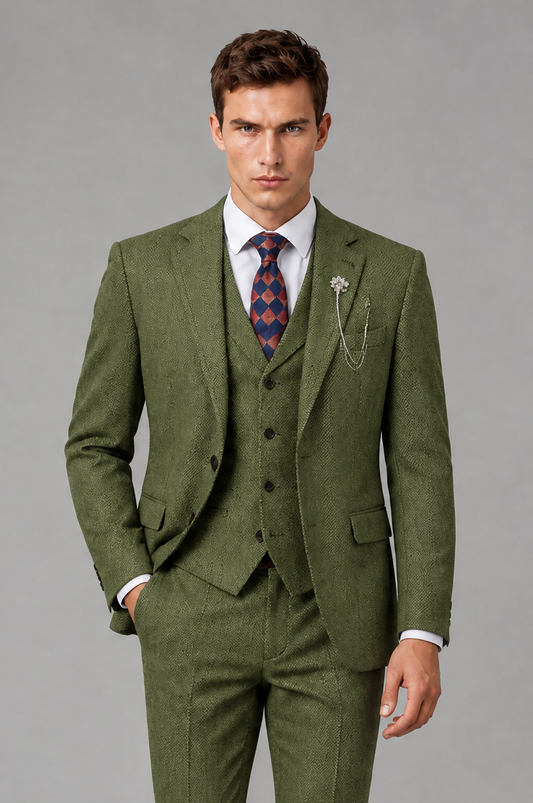 Savile Men's Grey Notch Lapel 3-Piece Suit Set | Jacket, Vest & Trousers - Olive Green - Olive Green