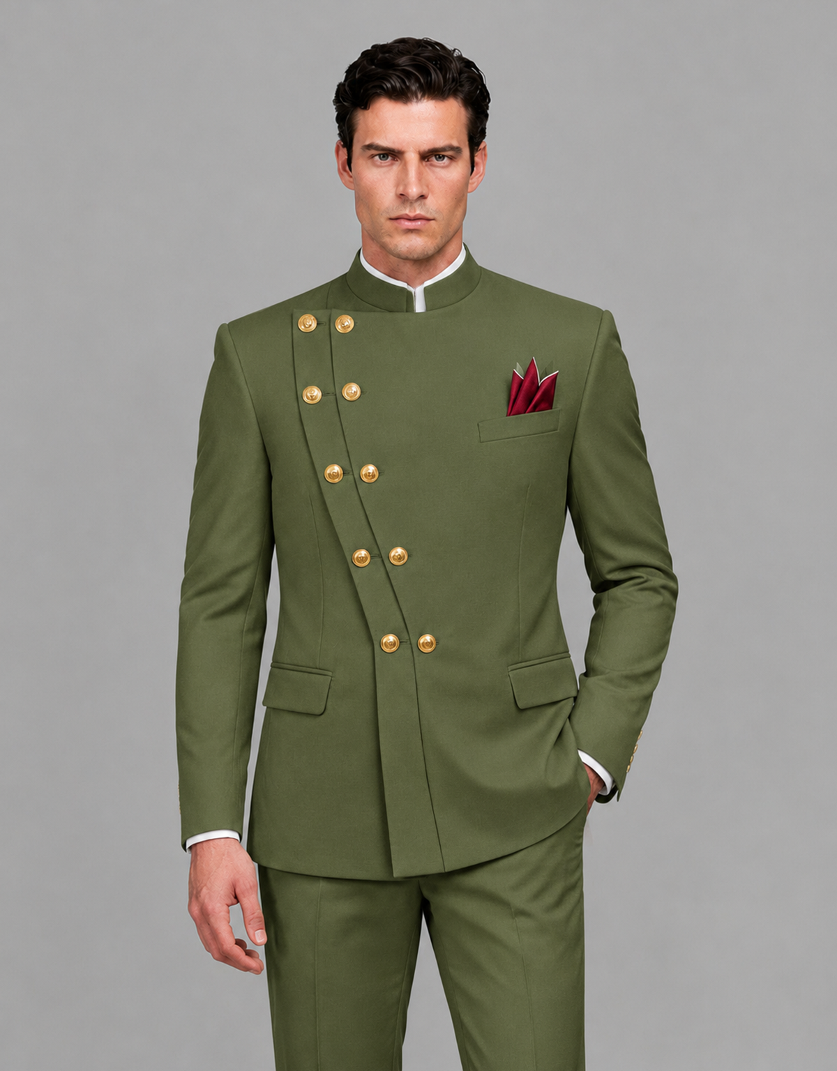 BOLODOO Men's Olive Green Asymmetrical Mandarin Collar Tuxedo Suit – Modern 2-Piece Gold Button Wedding, Prom & Gala Set - Olive Green - Olive Green_01