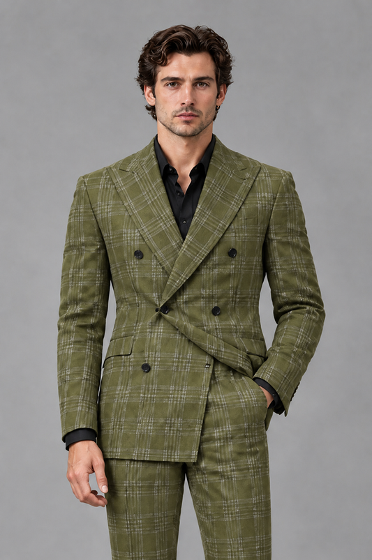 Savile Men's Rust Plaid 2-Piece Double-Breasted Suit – Peak Lapel Slim-Fit Jacket & Trousers Set - Olive Green - Olive Green