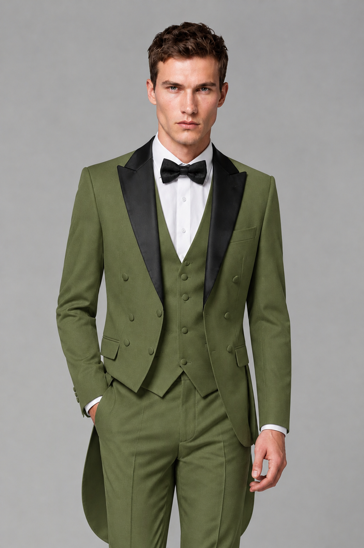 Savile Olive Green 3-Piece Tailcoat Tuxedo Suit with Black Peak Lapel - Olive Green - Olive Green_01