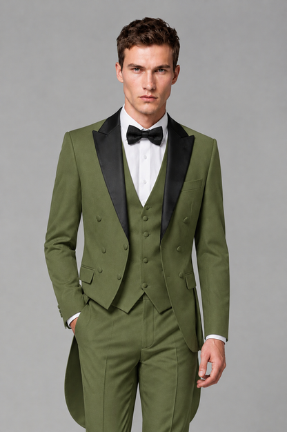 Savile Olive Green 3-Piece Tailcoat Tuxedo Suit with Black Peak Lapel - Olive Green - Olive Green_01
