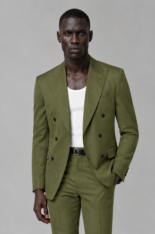 Savile Men's Olive Green Double Breasted Slim Fit 2-Piece Suit Set – Blazer & Trousers | Wedding Gala Formal - Olive Green - Olive Green_01
