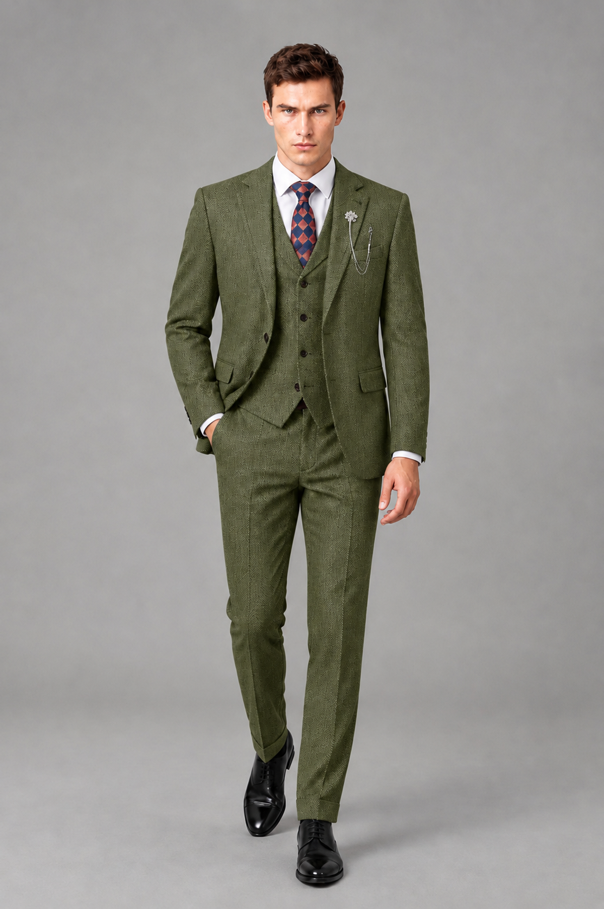 Savile Men's Grey Notch Lapel 3-Piece Suit Set | Jacket, Vest & Trousers - Olive Green - Olive Green