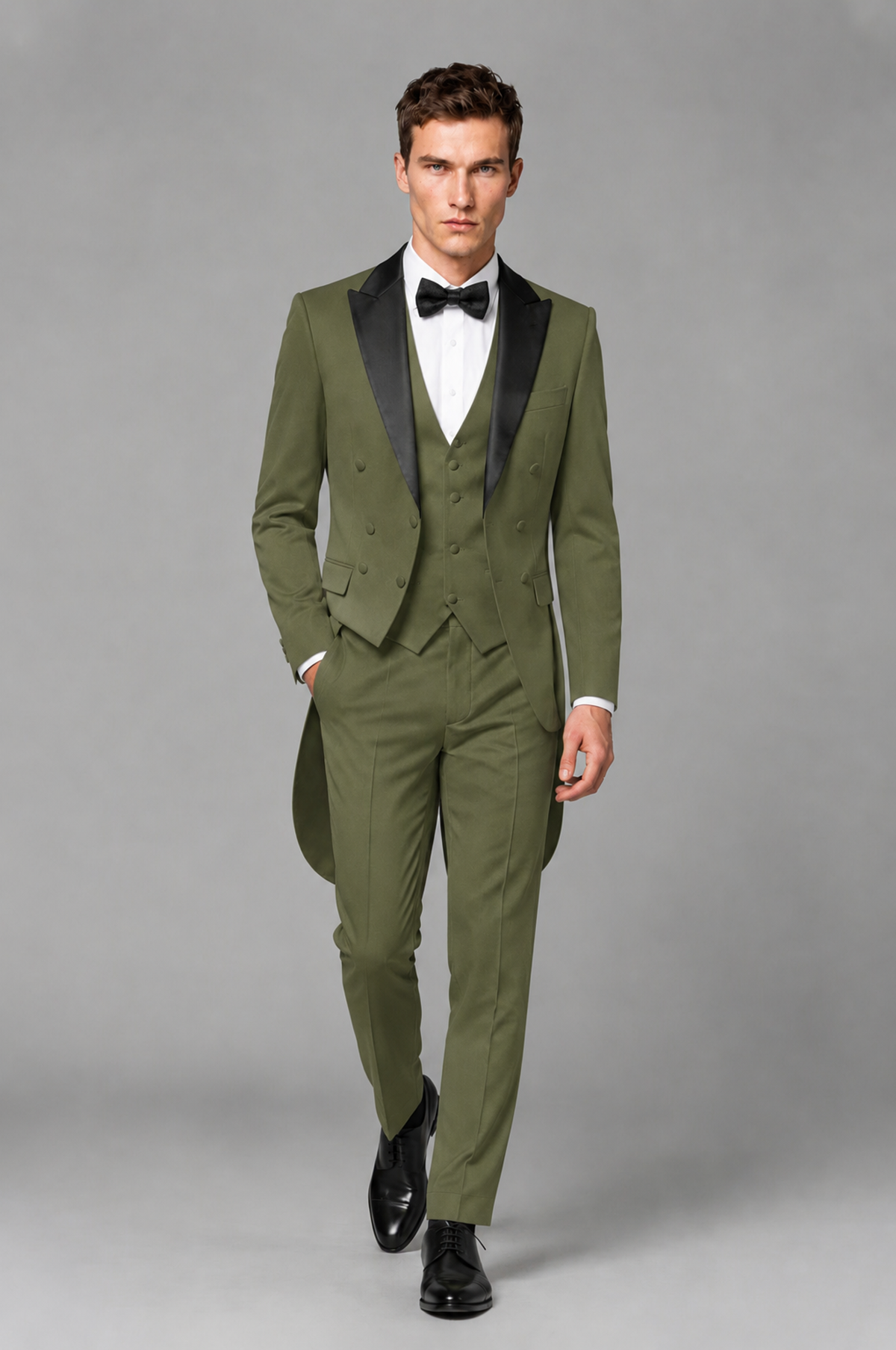 Savile Olive Green 3-Piece Tailcoat Tuxedo Suit with Black Peak Lapel - Olive Green - Olive Green_02
