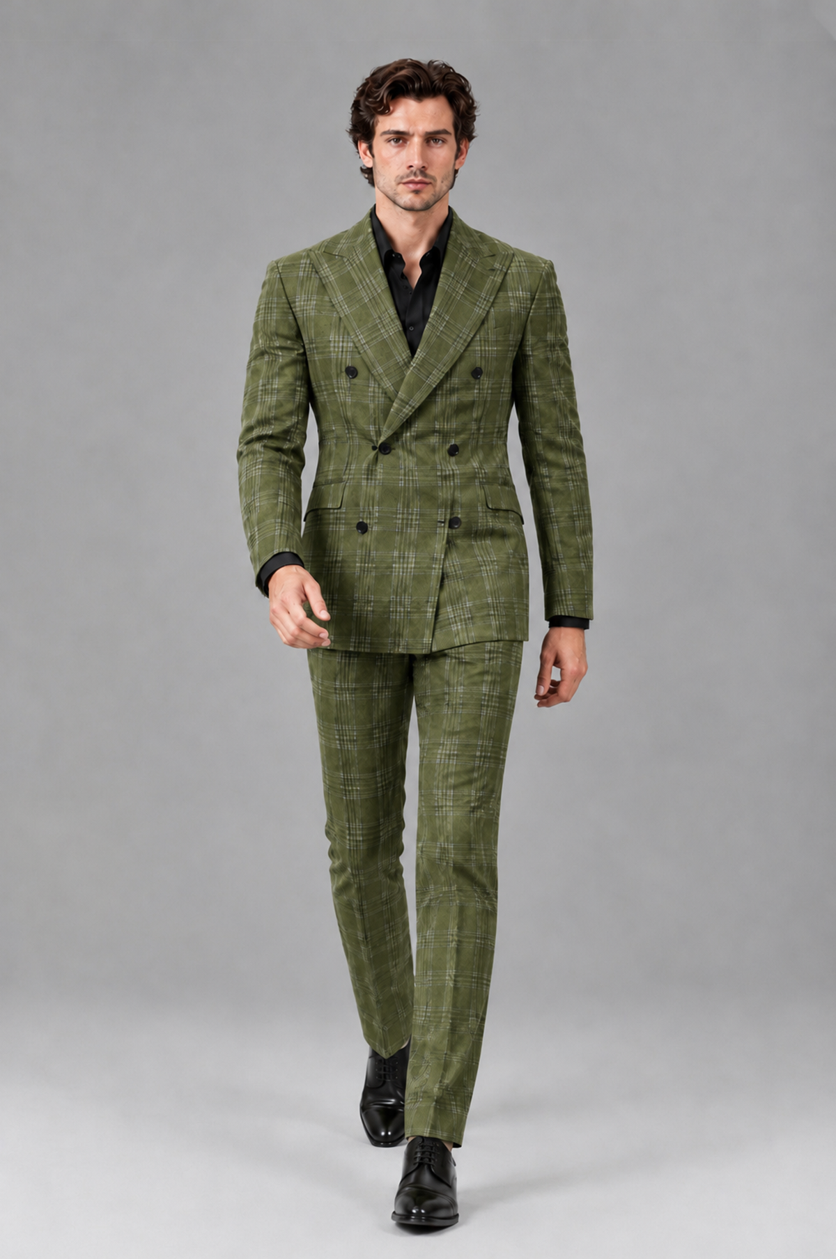 Savile Men's Rust Plaid 2-Piece Double-Breasted Suit – Peak Lapel Slim-Fit Jacket & Trousers Set - Olive Green - Olive Green