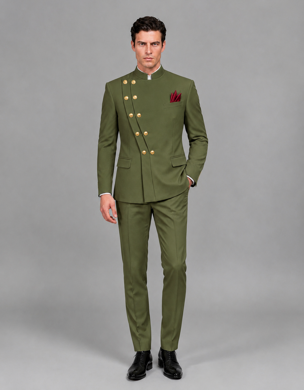 BOLODOO Men's Olive Green Asymmetrical Mandarin Collar Tuxedo Suit – Modern 2-Piece Gold Button Wedding, Prom & Gala Set - Olive Green - Olive Green_02