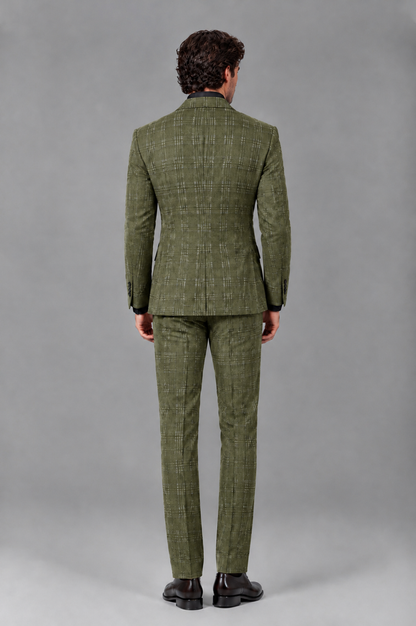 Savile Men's Rust Plaid 2-Piece Double-Breasted Suit – Peak Lapel Slim-Fit Jacket & Trousers Set - Olive Green - Olive Green