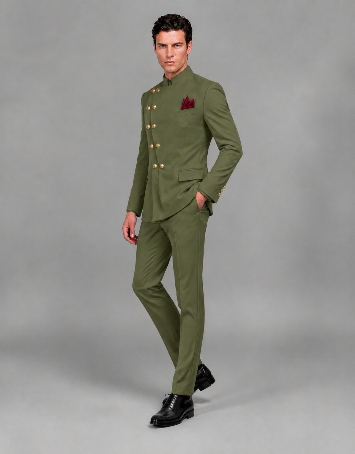 BOLODOO Men's Olive Green Asymmetrical Mandarin Collar Tuxedo Suit – Modern 2-Piece Gold Button Wedding, Prom & Gala Set - Olive Green - Olive Green_04