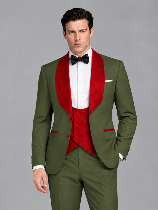 Savile Men's Olive Green 3-Piece Tuxedo Suit Set – Contrast Red Shawl Lapel Blazer, Red Waistcoat & Trousers - SUC020 - Olive_Green