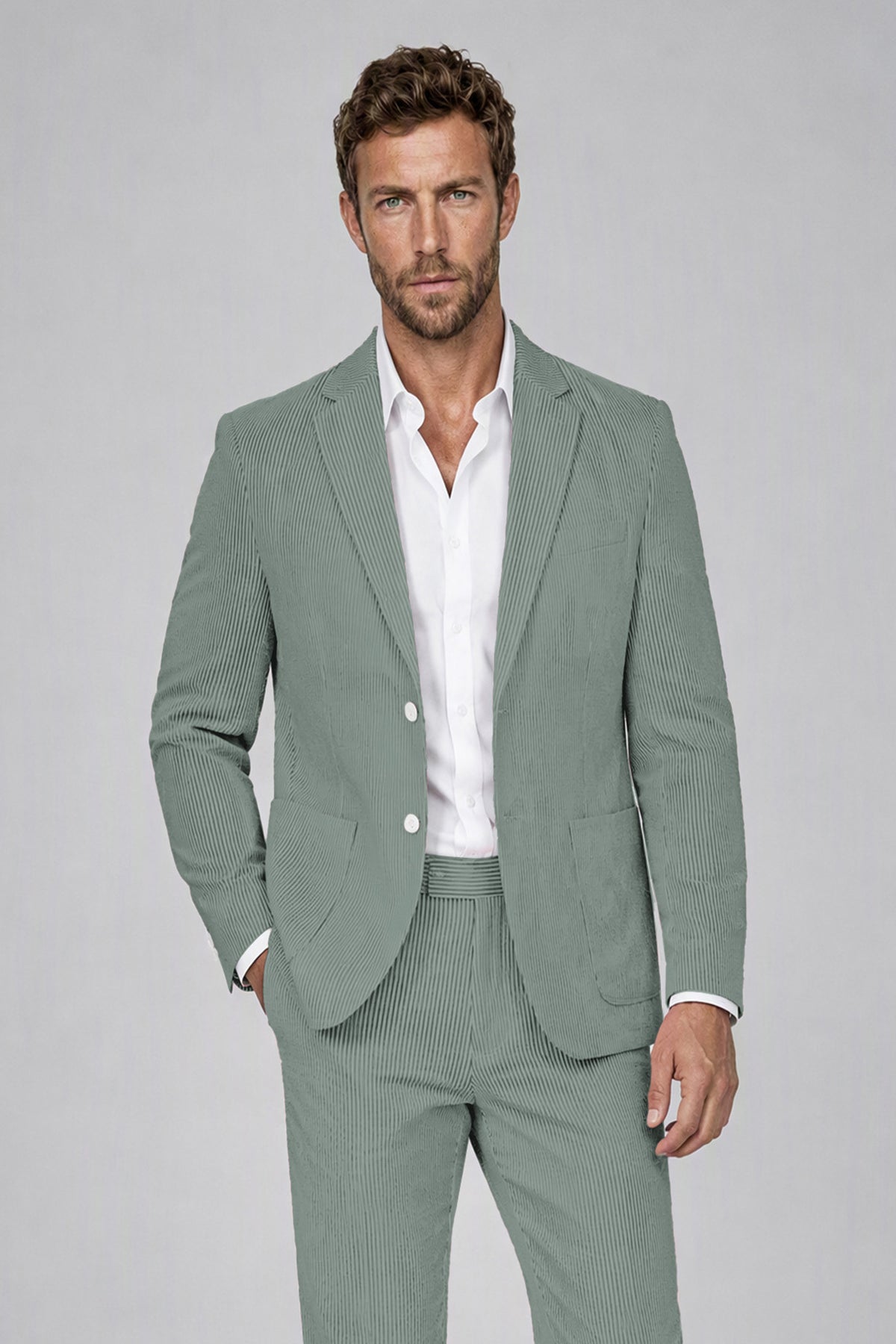 Savile Men's Olive Green Striped 2-Piece Suit Set – Notch Lapel Blazer & Tailored Trousers - Olive Green - Olive_Green(1)