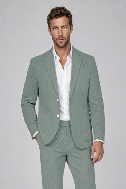 Savile Men's Olive Green Striped 2-Piece Suit Set – Notch Lapel Blazer & Tailored Trousers - Olive Green - Olive_Green(1)