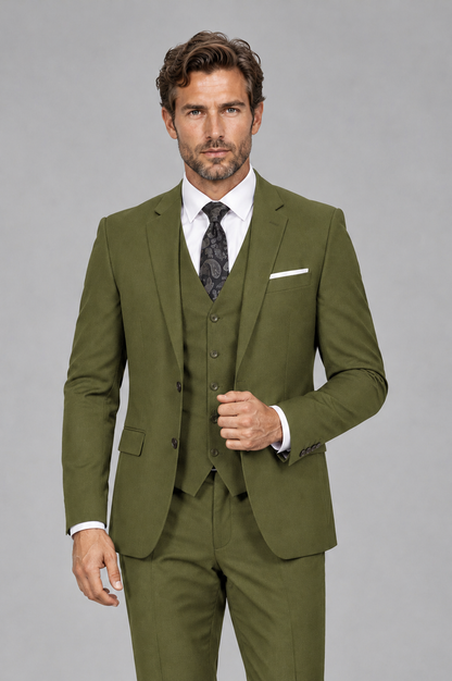 Savile Men's Olive Green 3-Piece Suit Set – Notch Lapel Blazer, Vest & Trousers - Olive Green - Olive_Green_1