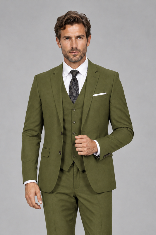 Savile Men's Olive Green 3-Piece Suit Set – Notch Lapel Blazer, Vest & Trousers - Olive Green - Olive_Green_1
