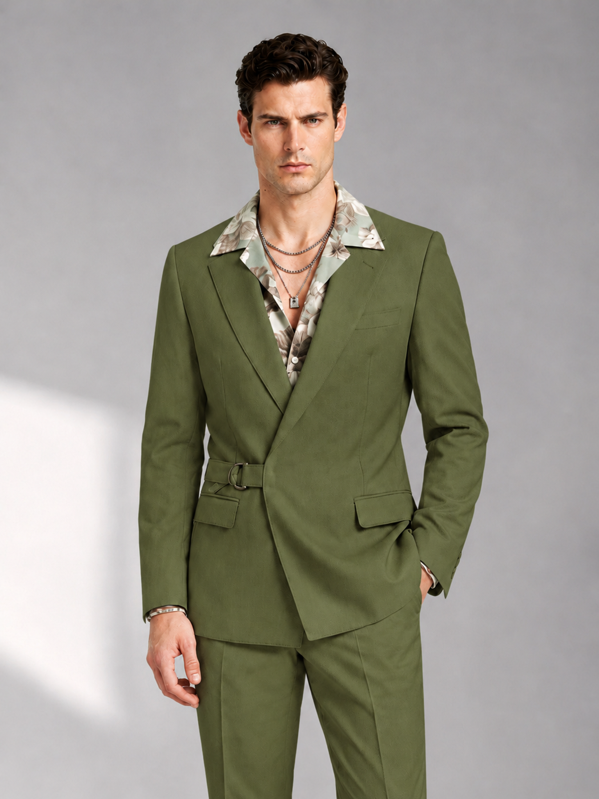 Savile Men's Olive Green Belted Wrap 2-Piece Suit – Peak Lapel Blazer & Tailored Trousers - SUC060 - Olive Green - Olive Green_1