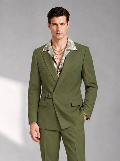 Savile Men's Olive Green Belted Wrap 2-Piece Suit – Peak Lapel Blazer & Tailored Trousers - SUC060 - Olive Green - Olive Green_1