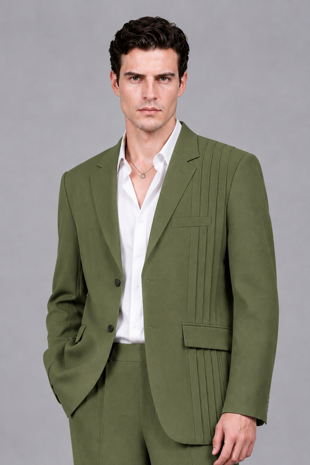 Savile Men's Olive Green Pleated 2-Piece Suit Set | Notch Lapel Blazer & Tailored Trousers - Olive Green - Olive Green_1