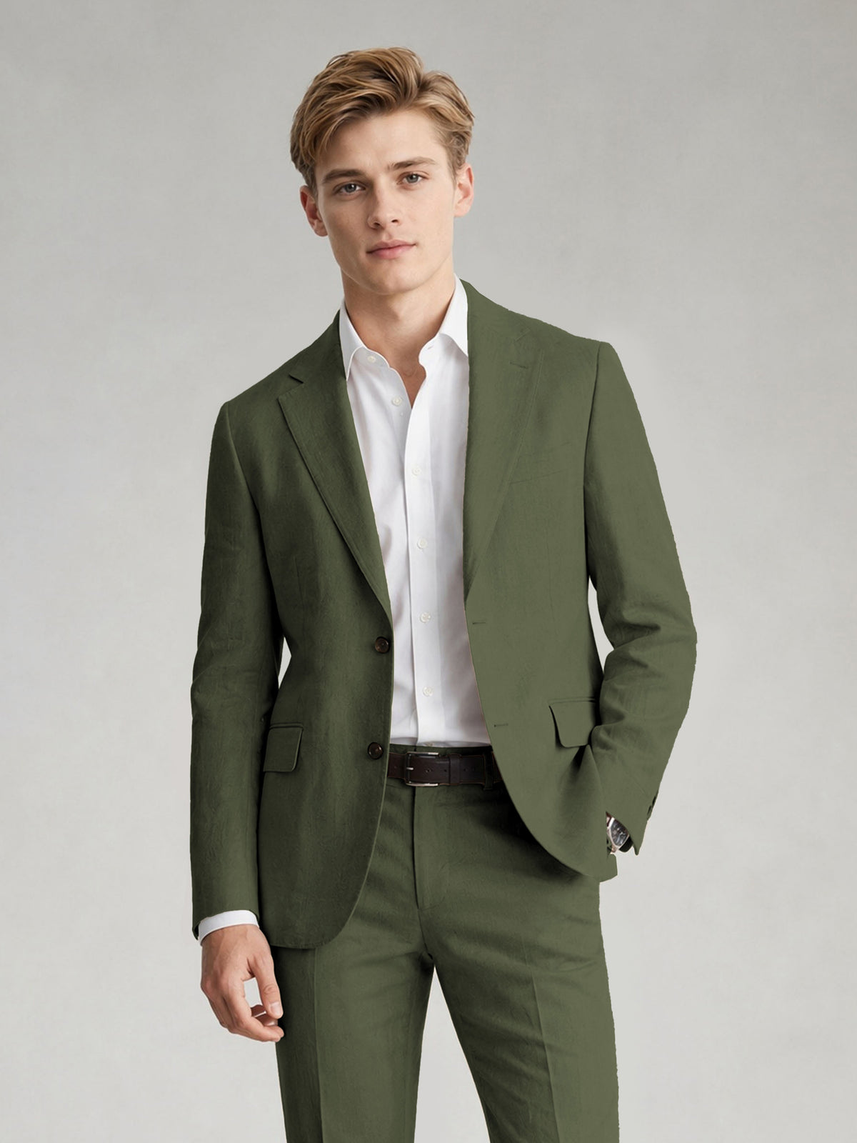 Savile Men's Sand Khaki Linen-Blend 2-Piece Suit Set – Two-Button Notch Lapel Slim-Fit Blazer & Slim Trousers - Olive Green - Olive_Green