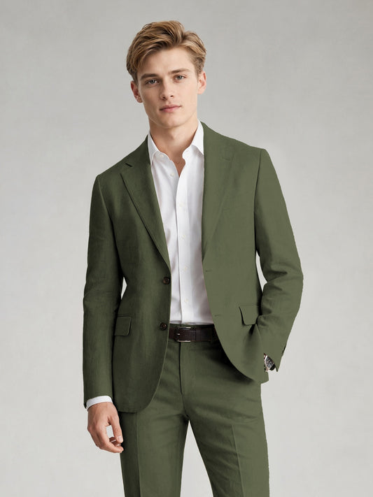 Savile Men's Sand Khaki Linen-Blend 2-Piece Suit Set – Two-Button Notch Lapel Slim-Fit Blazer & Slim Trousers - Olive Green - Olive_Green