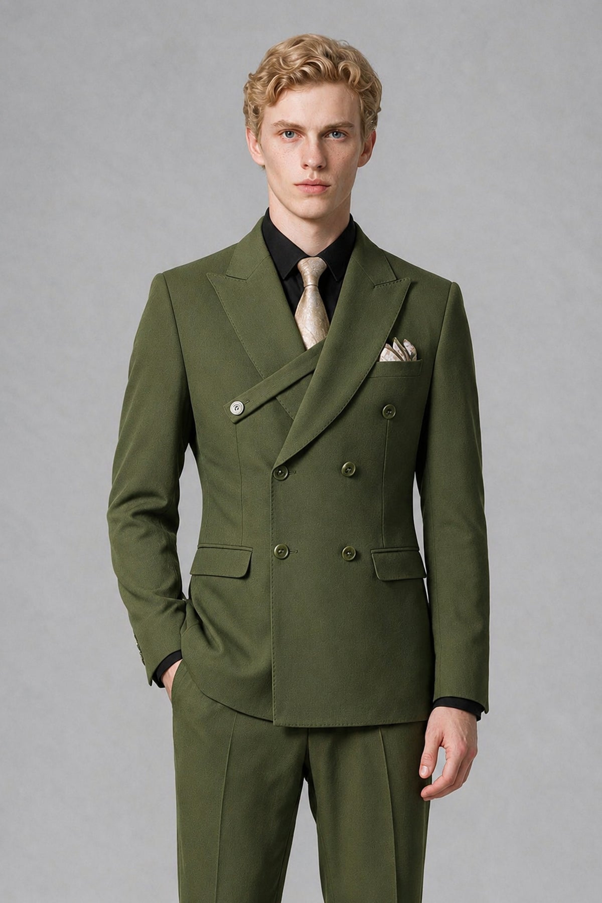 Savile Men's Olive Green Double-Breasted Two-Piece Suit - Olive Green
