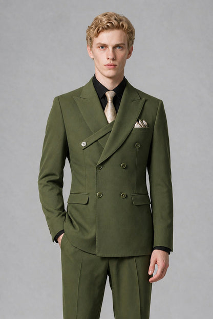 Savile Men's Olive Green Double-Breasted Two-Piece Suit - Olive Green