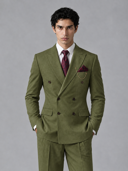 Savile Men's Olive Green Double-Breasted 2-Piece Suit Set – Peak Lapel Blazer & Pleated Wide-Leg Trousers - Olive Green - Olive Green_1