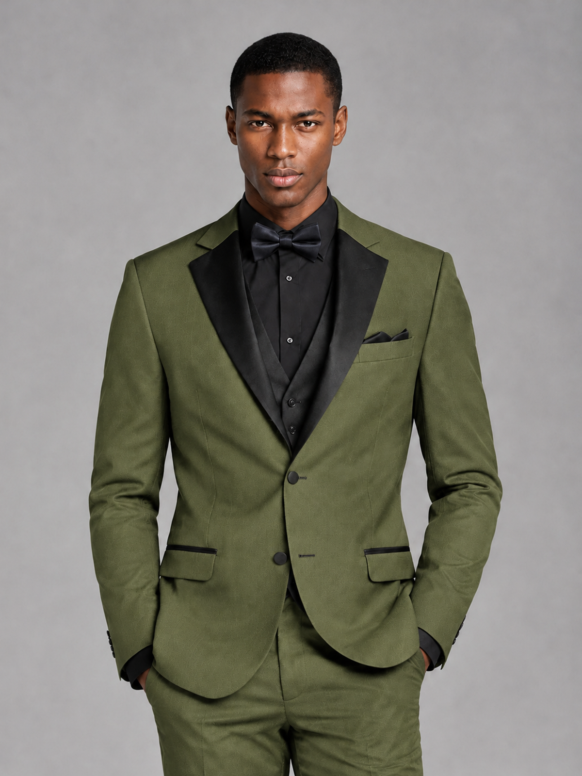 Savile Men's Olive Green Contrast Shawl Lapel Tuxedo Suit – 3-Piece Wedding, Prom & Black-Tie Formal Set - Olive Green - Olive Green_1