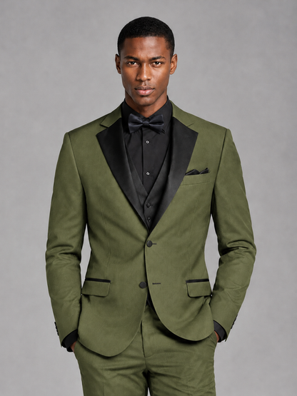 Savile Men's Olive Green Contrast Shawl Lapel Tuxedo Suit – 3-Piece Wedding, Prom & Black-Tie Formal Set - Olive Green - Olive Green_1