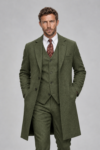 Savile Men's Olive Green Grey 3-Piece Overcoat Suit Set – Notch Lapel Long Coat, Vest & Trousers - Olive Green - Olive_Green_1