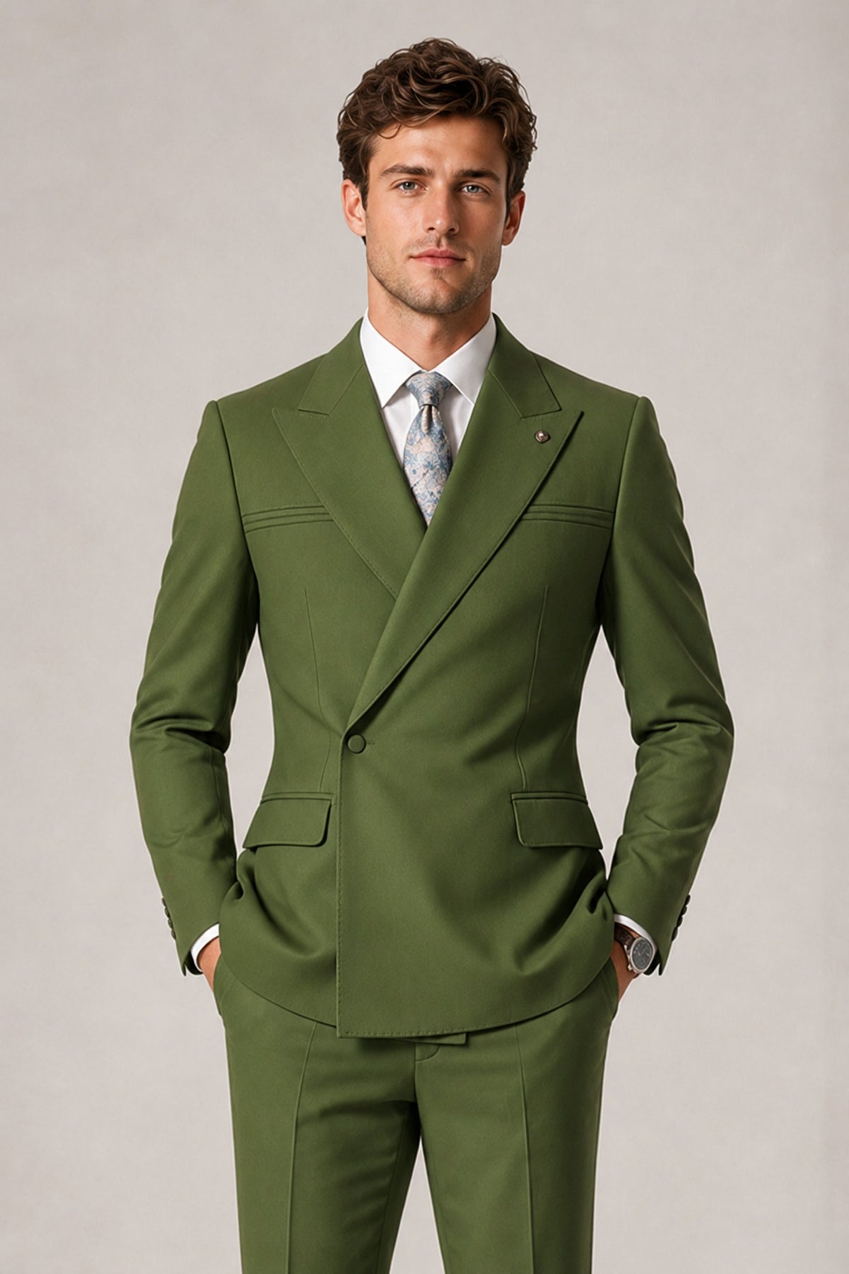 Savile Men's Olive Green Double-Breasted Slim Fit 2-Piece Suit Set – Peak Lapel Blazer & Cuffed Trousers | Wedding Prom Formal - Olive Green