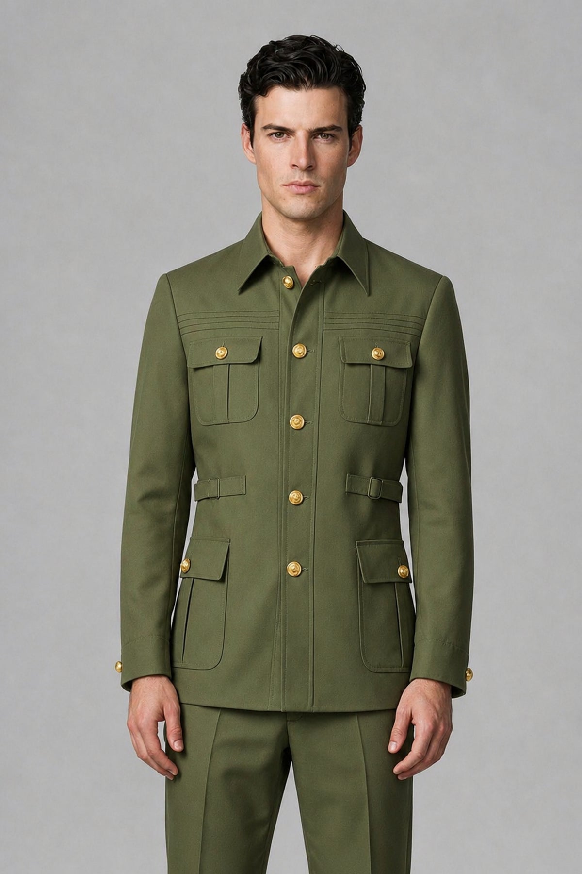 Savile Olive Green Safari Jacket & Trousers Two-Piece Men's Suit - Olive Green