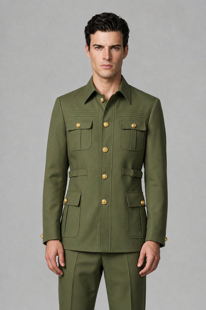 Savile Olive Green Safari Jacket & Trousers Two-Piece Men's Suit - Olive Green
