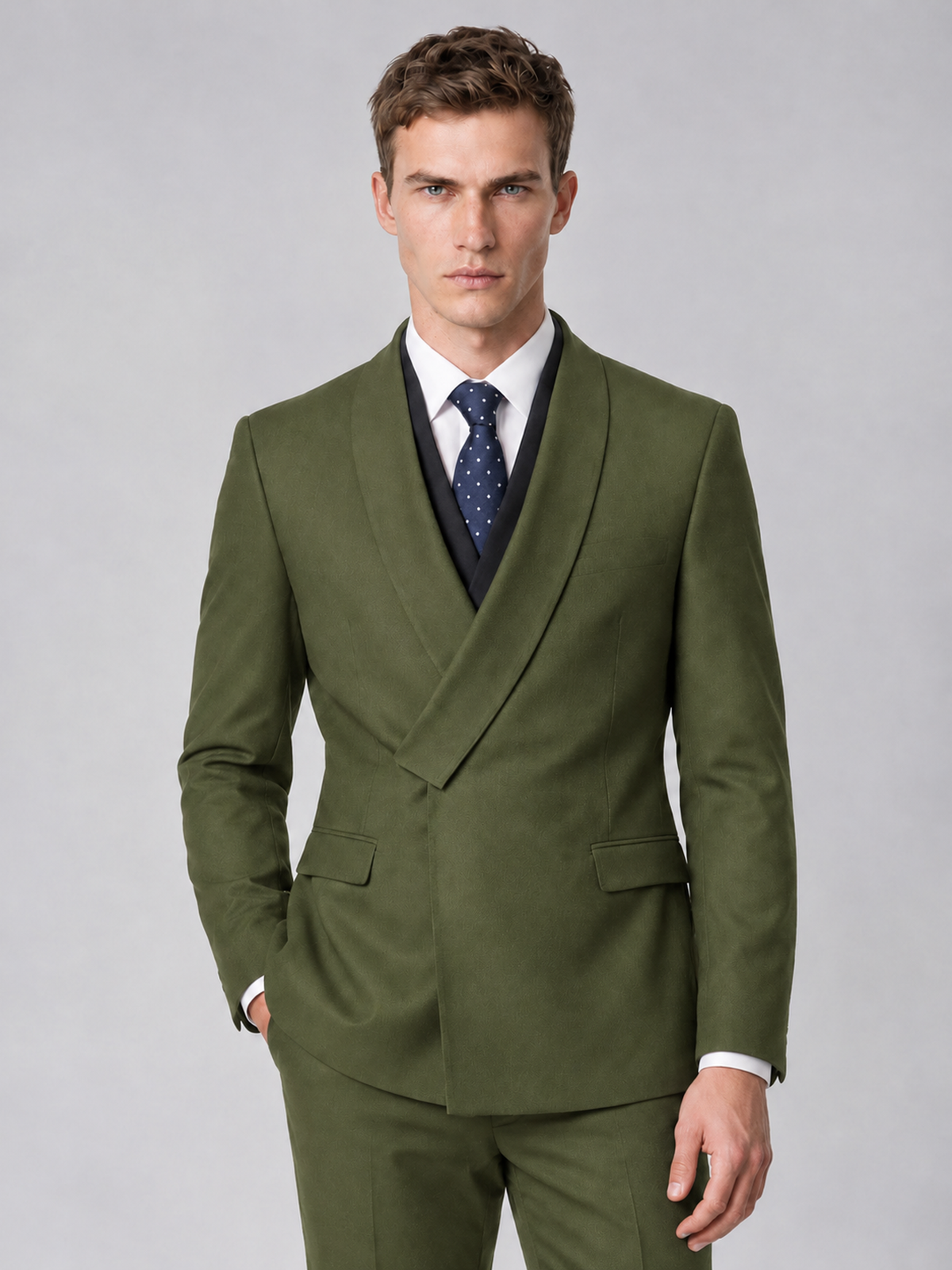 Savile Men's Olive Green Wrap Shawl Lapel 2-Piece Suit Set – Modern Jacket & Trousers - Olive Green - Olive Green_1