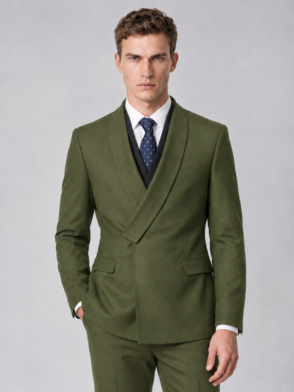 Savile Men's Olive Green Wrap Shawl Lapel 2-Piece Suit Set – Modern Jacket & Trousers - Olive Green - Olive Green_1