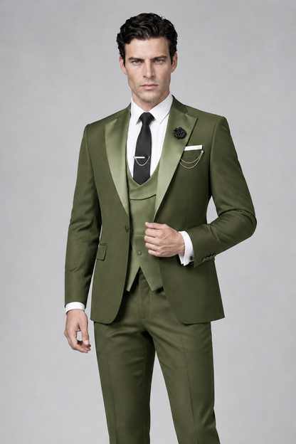 Savile Men's Olive Green 3-Piece Tuxedo Suit – Contrast Silver Peak Lapel & Grey Vest Formal Set - Olive Green - Olive Green_1