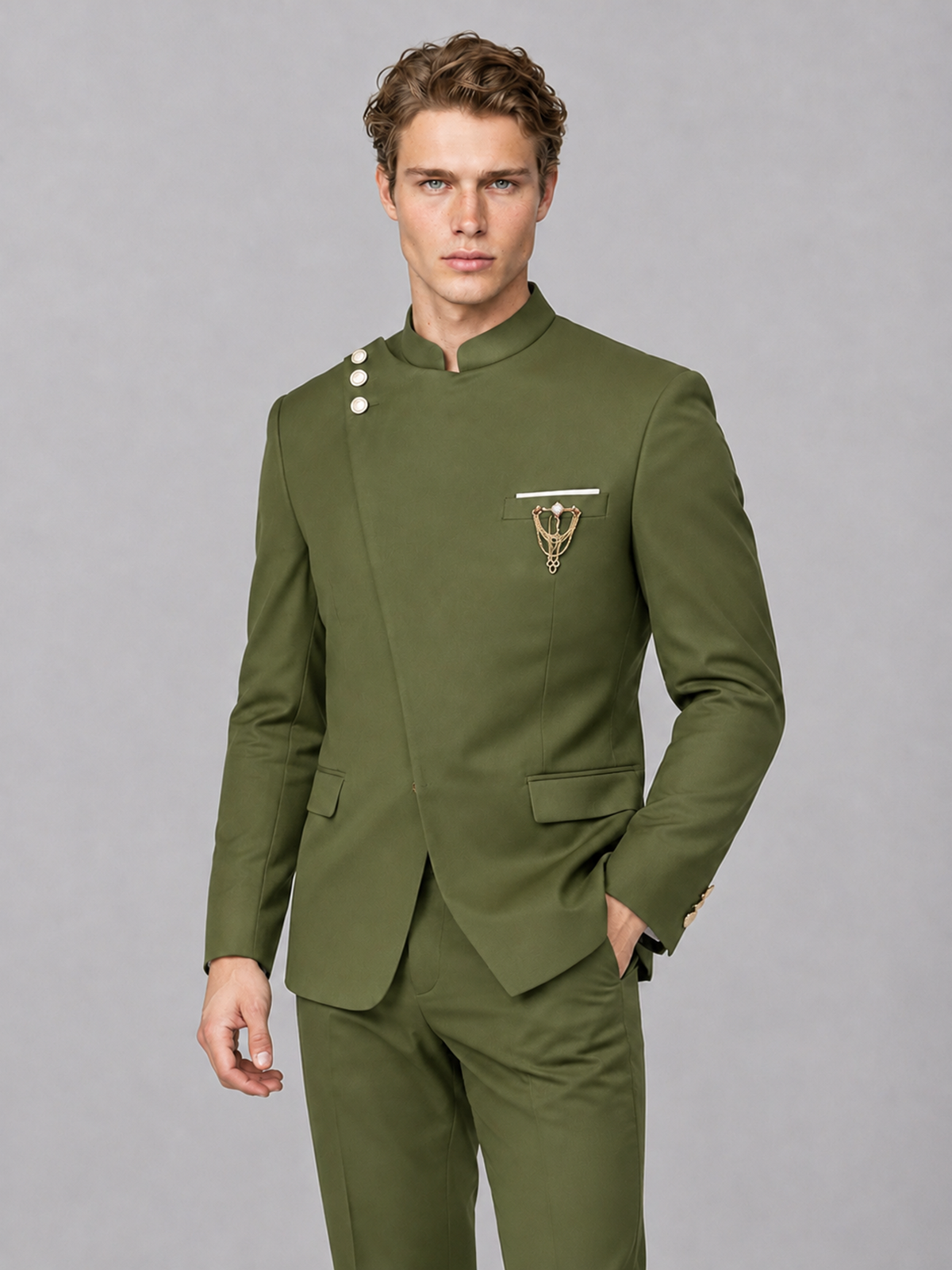 Savile Men's Olive Green Mandarin Collar Asymmetrical 2-Piece Suit Set – Modern Jacket & Trousers - Olive Green - Olive Green_1