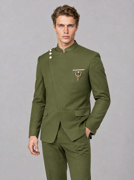 Savile Men's Olive Green Mandarin Collar Asymmetrical 2-Piece Suit Set – Modern Jacket & Trousers - Olive Green - Olive Green_1