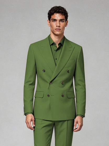 Savile Men's Olive Green Double-Breasted 2-Piece Suit Set – Blazer & Trousers - Olive Green