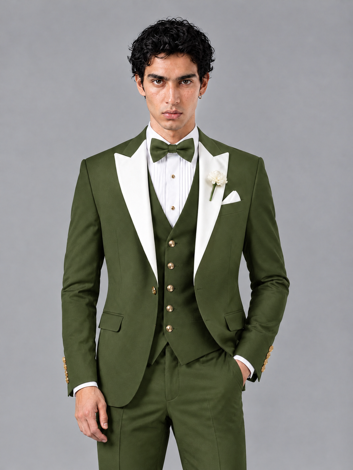 Savile Men's Olive Green Contrast White Peak Lapel 3-Piece Tuxedo Suit - Olive_Green