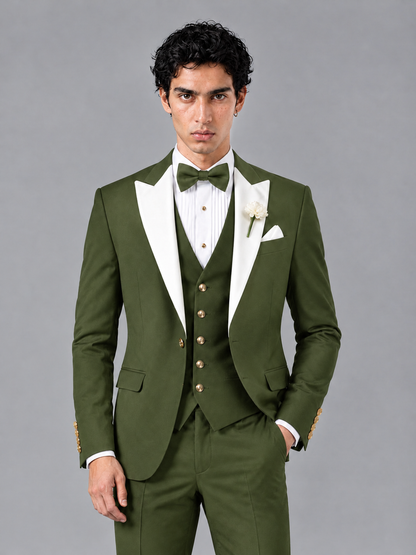 Savile Men's Olive Green Contrast White Peak Lapel 3-Piece Tuxedo Suit - Olive_Green