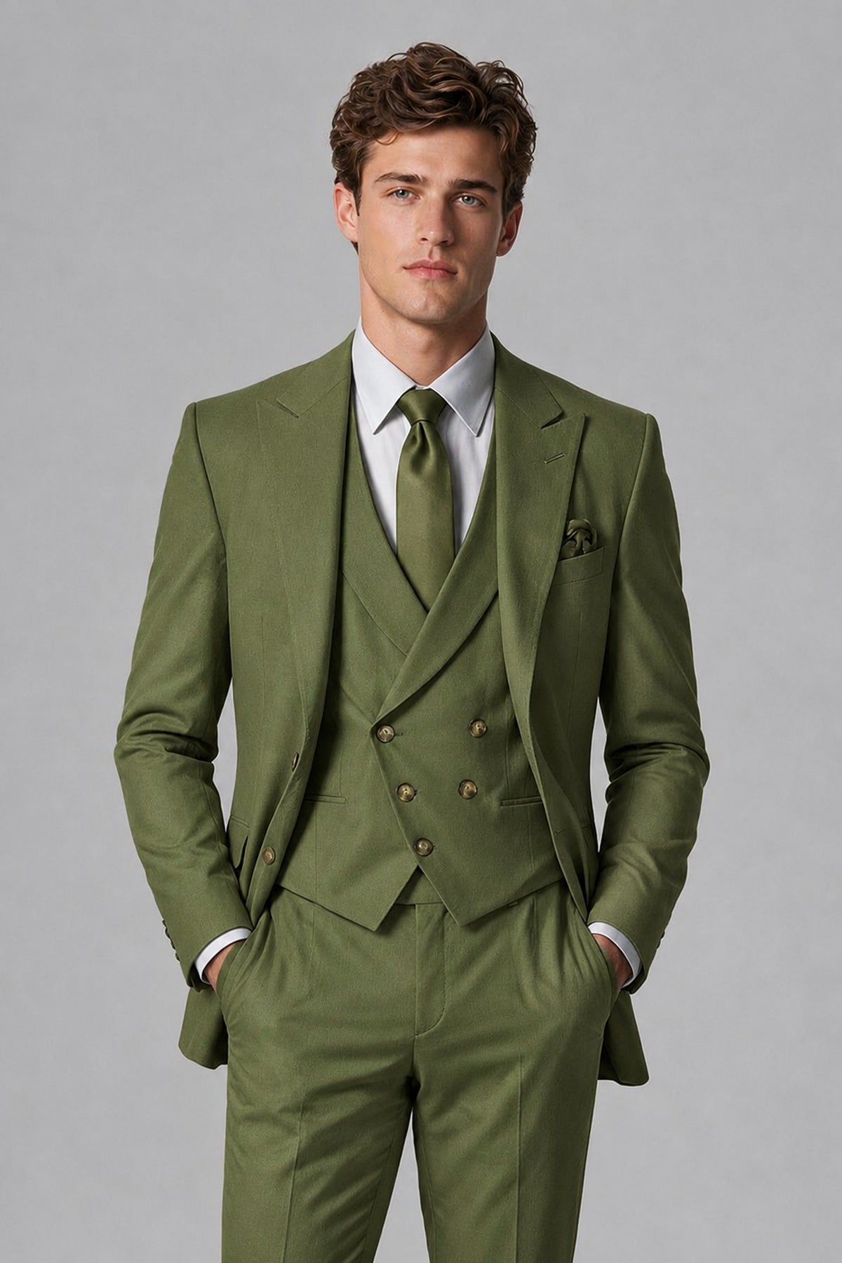 Savile Men's Dusty Olive Green 3-Piece Suit – Jacket, Vest & Trousers | QX0113 - Olive Green